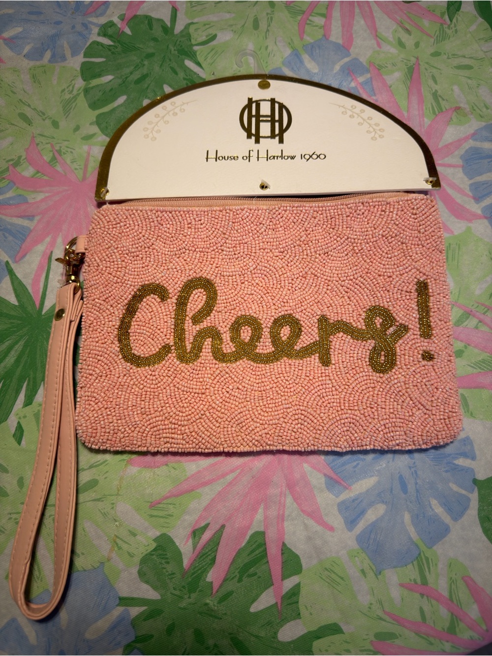 House of Harlow 1960 Pink Beaded "Cheers!" Wristlet with Gold Script